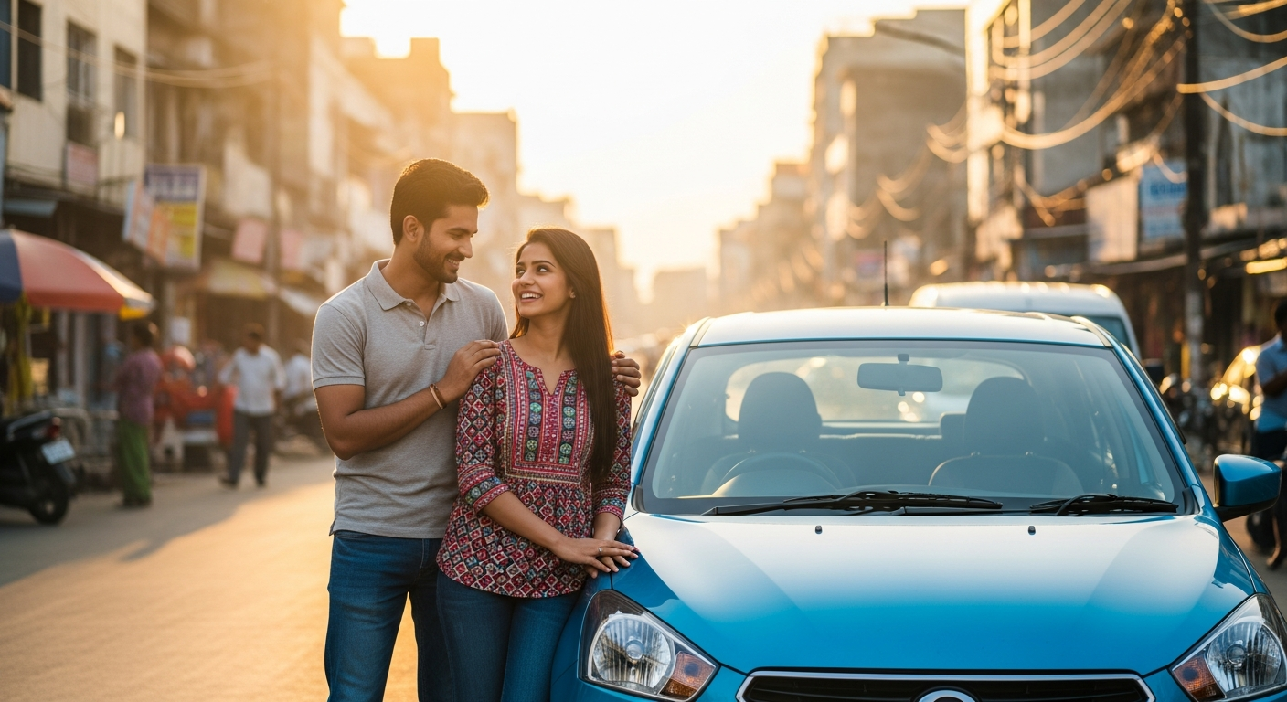 "A young couple smiling next to their new budget hatchback, symbolizing the dream of affordable car ownership in India."