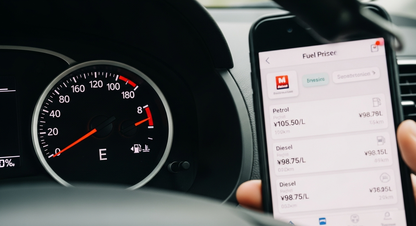 "A car's empty fuel gauge next to a smartphone showing high Indian fuel prices, highlighting the importance of fuel efficiency for budget car owners."