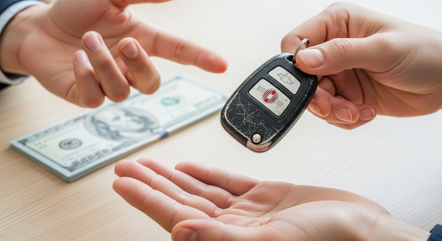 "A used car key being exchanged with money in the background, representing the transaction for a second-hand budget hatchback."